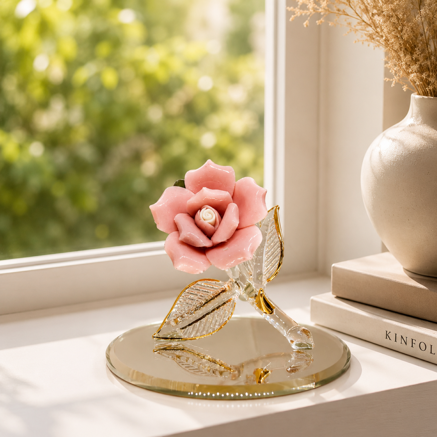 Glass Pink Rose Figurine – Handcrafted Glass Rose, Rose Gift, Floral Home Decor, Romantic Gift