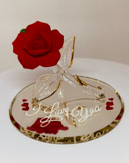 “I Love You” Red Rose Figurine | Handcrafted Glass Rose with Gold Accents