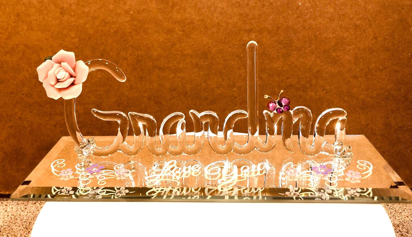 “Love You” Grandma Figurine | Glass Grandma Gift with Rose & Butterfly