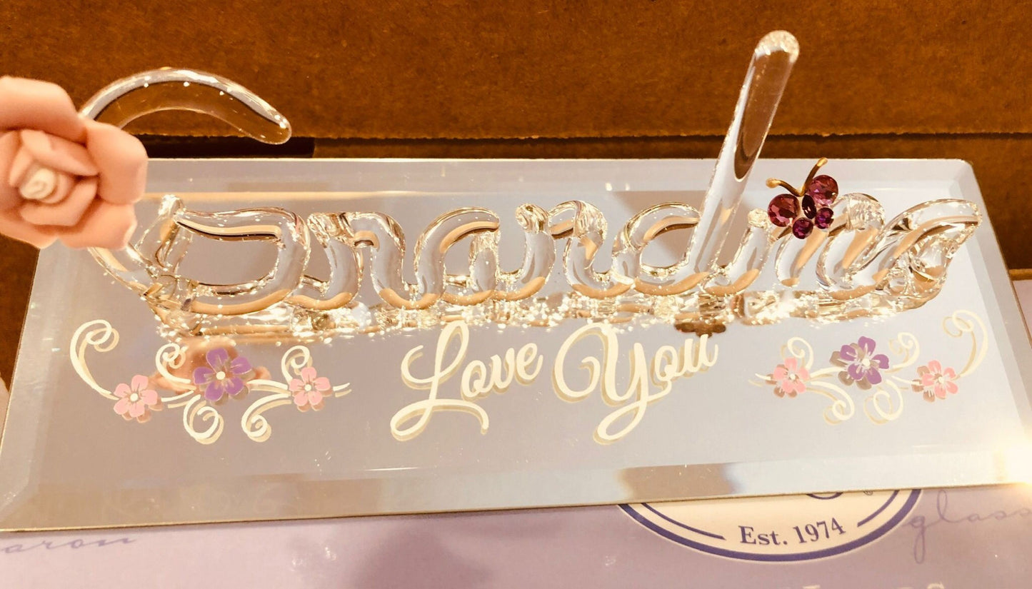 “Love You” Grandma Figurine | Glass Grandma Gift with Rose & Butterfly
