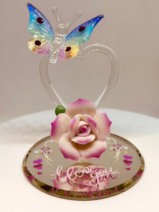 Butterfly on Heart Glass Figurine with Crystals I Love You Romantic Gift