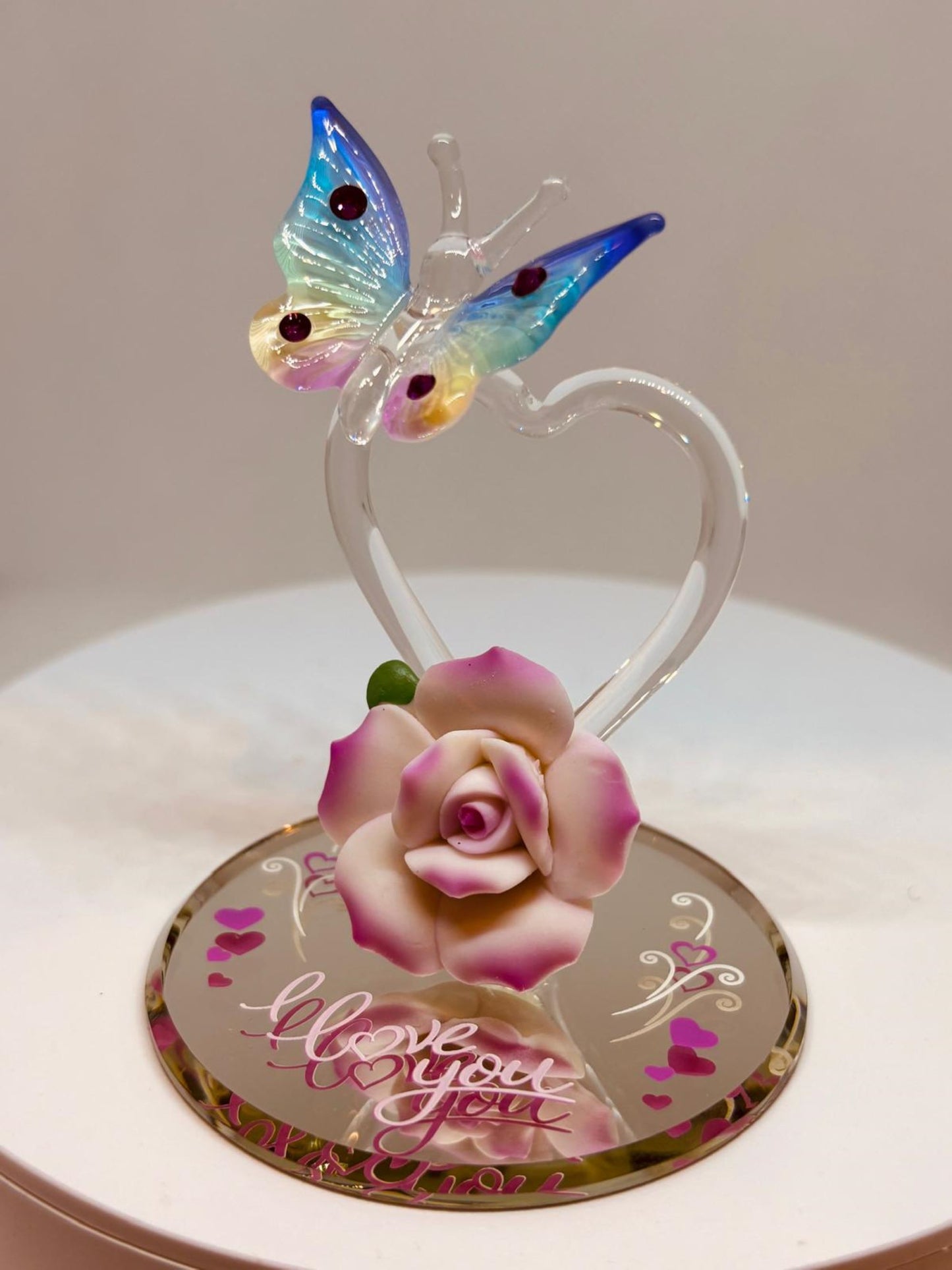 Butterfly on Heart Glass Figurine with Crystals I Love You Romantic Gift