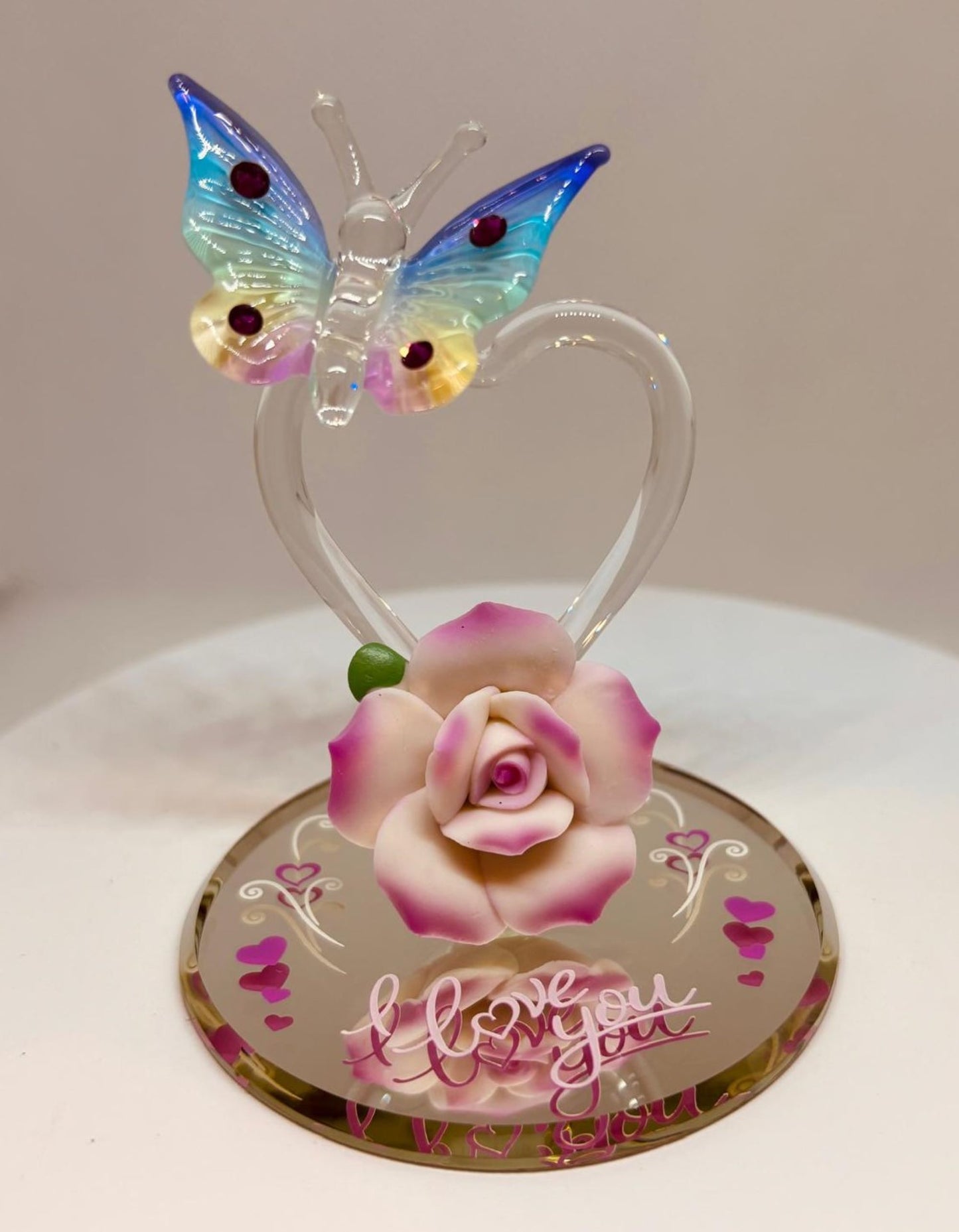 Butterfly on Heart Glass Figurine with Crystals I Love You Romantic Gift