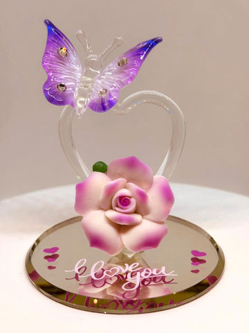 Butterfly “I Love You” Rose Figurine Handcrafted Glass Heart Gift