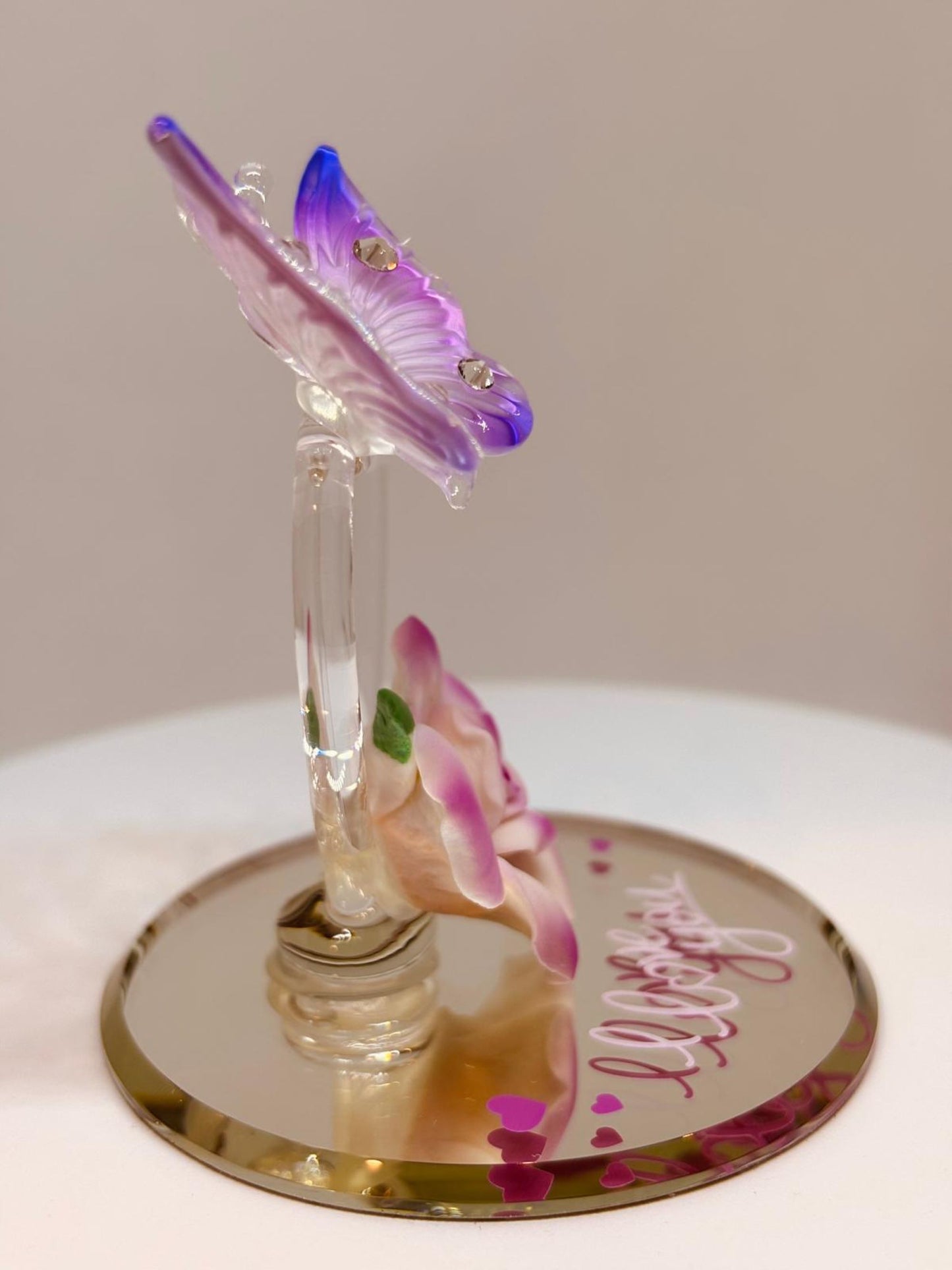 Butterfly “I Love You” Rose Figurine Handcrafted Glass Heart Gift