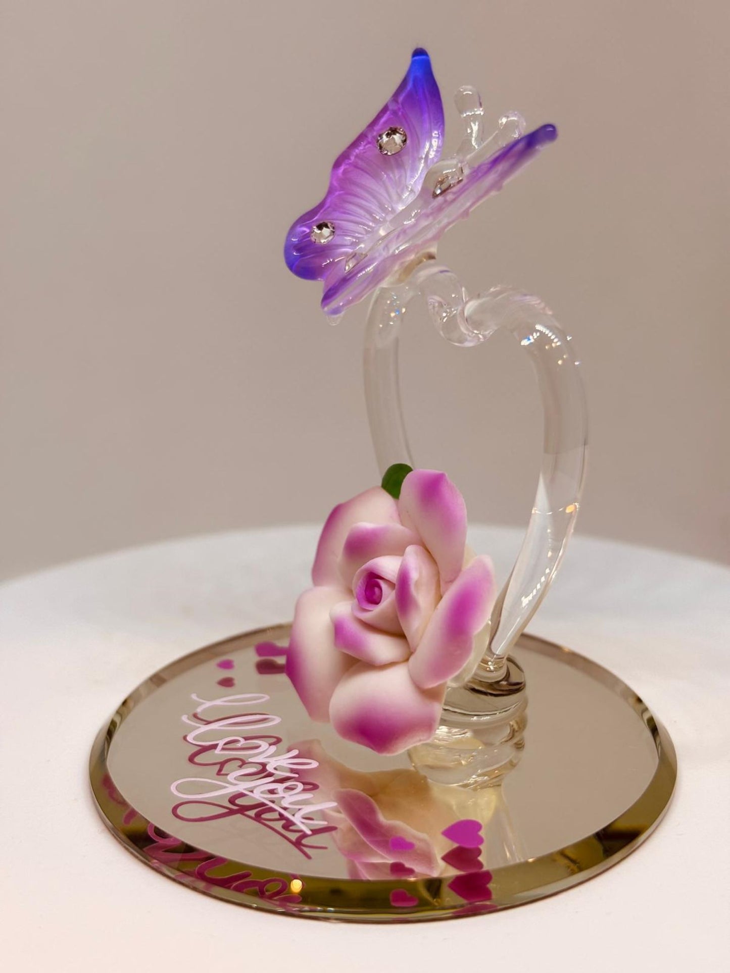 Butterfly “I Love You” Rose Figurine Handcrafted Glass Heart Gift