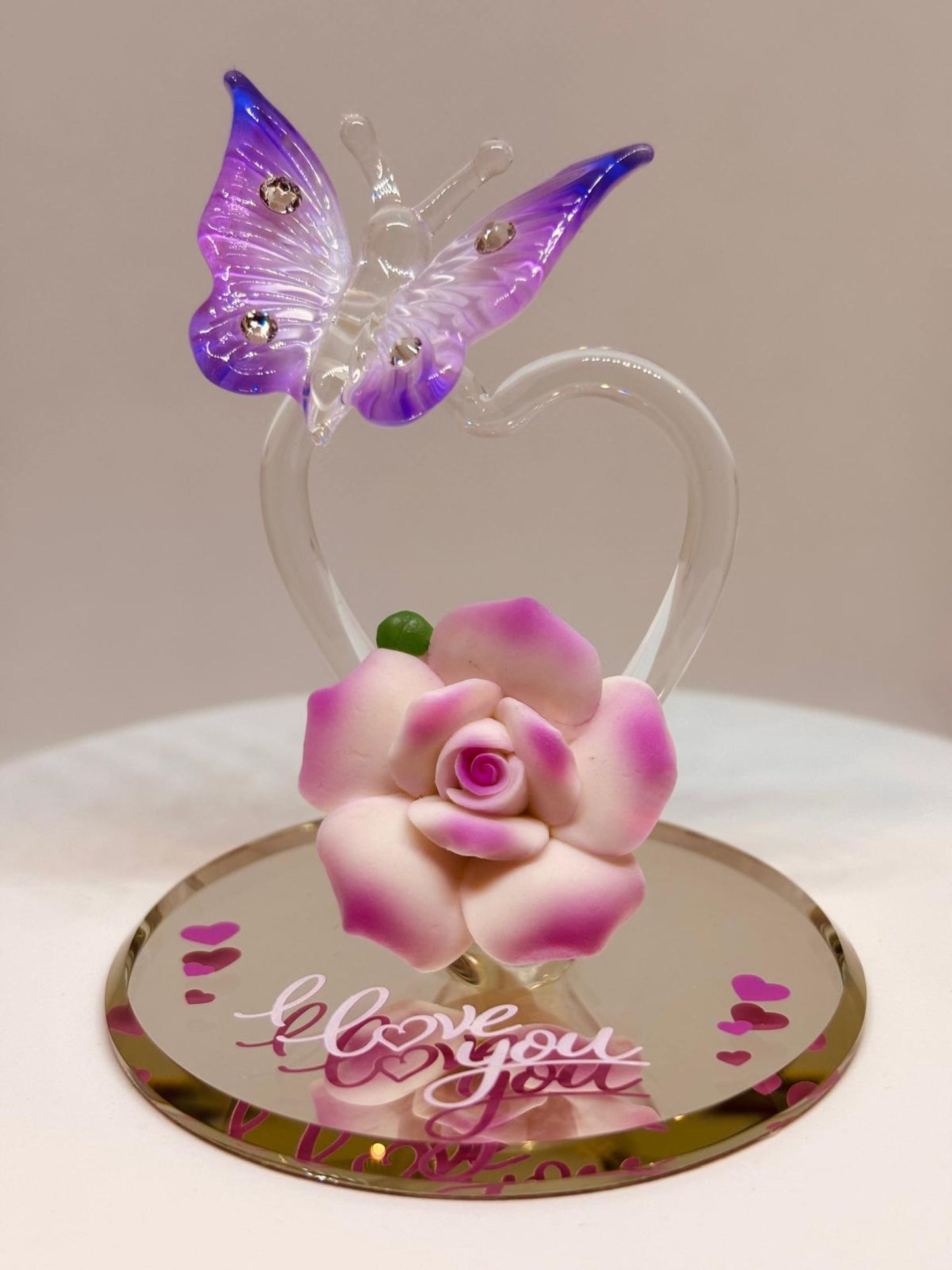 Butterfly “I Love You” Rose Figurine Handcrafted Glass Heart Gift