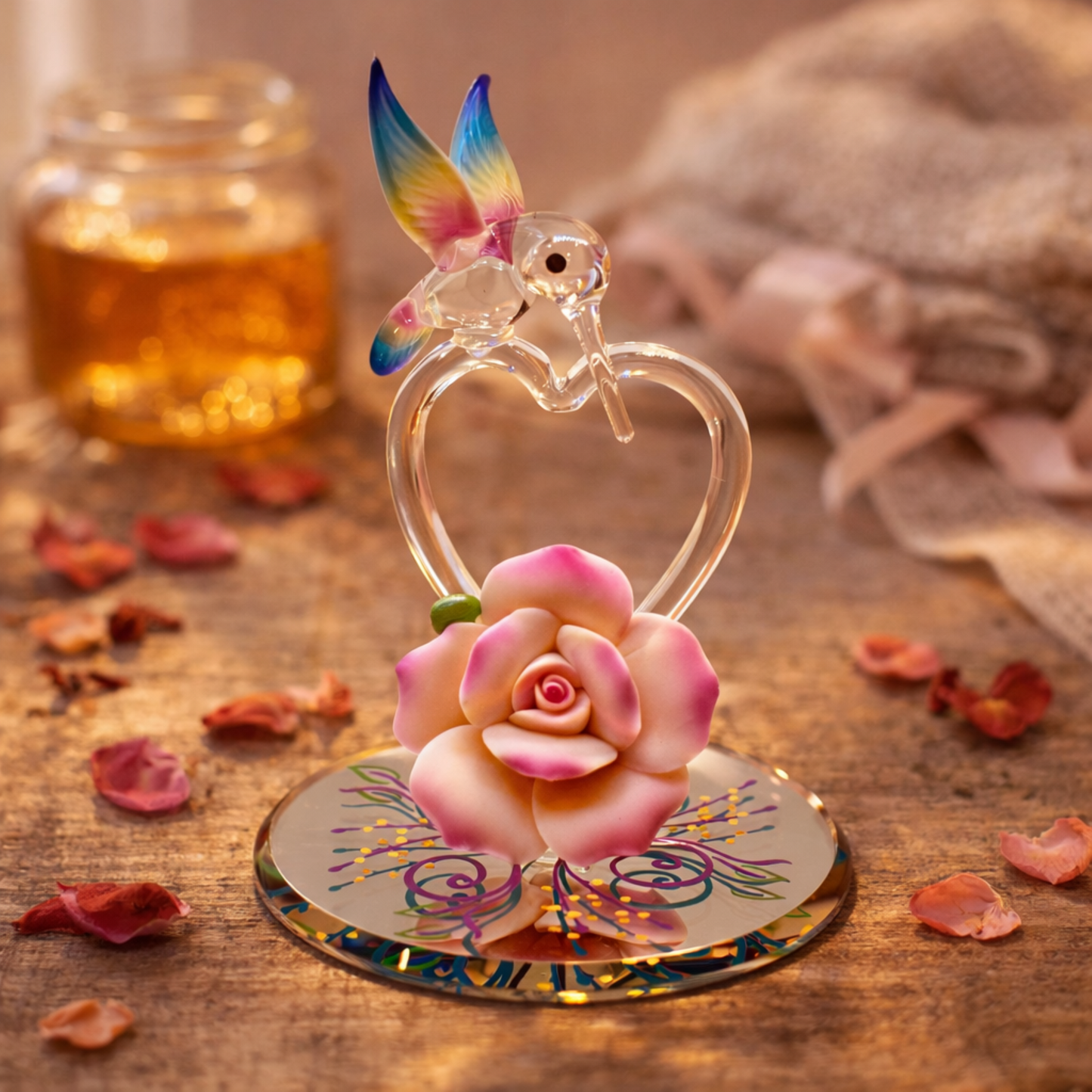 Handcrafted glass hummingbird figurine perched on a clear heart above a pink rose on a mirrored base
