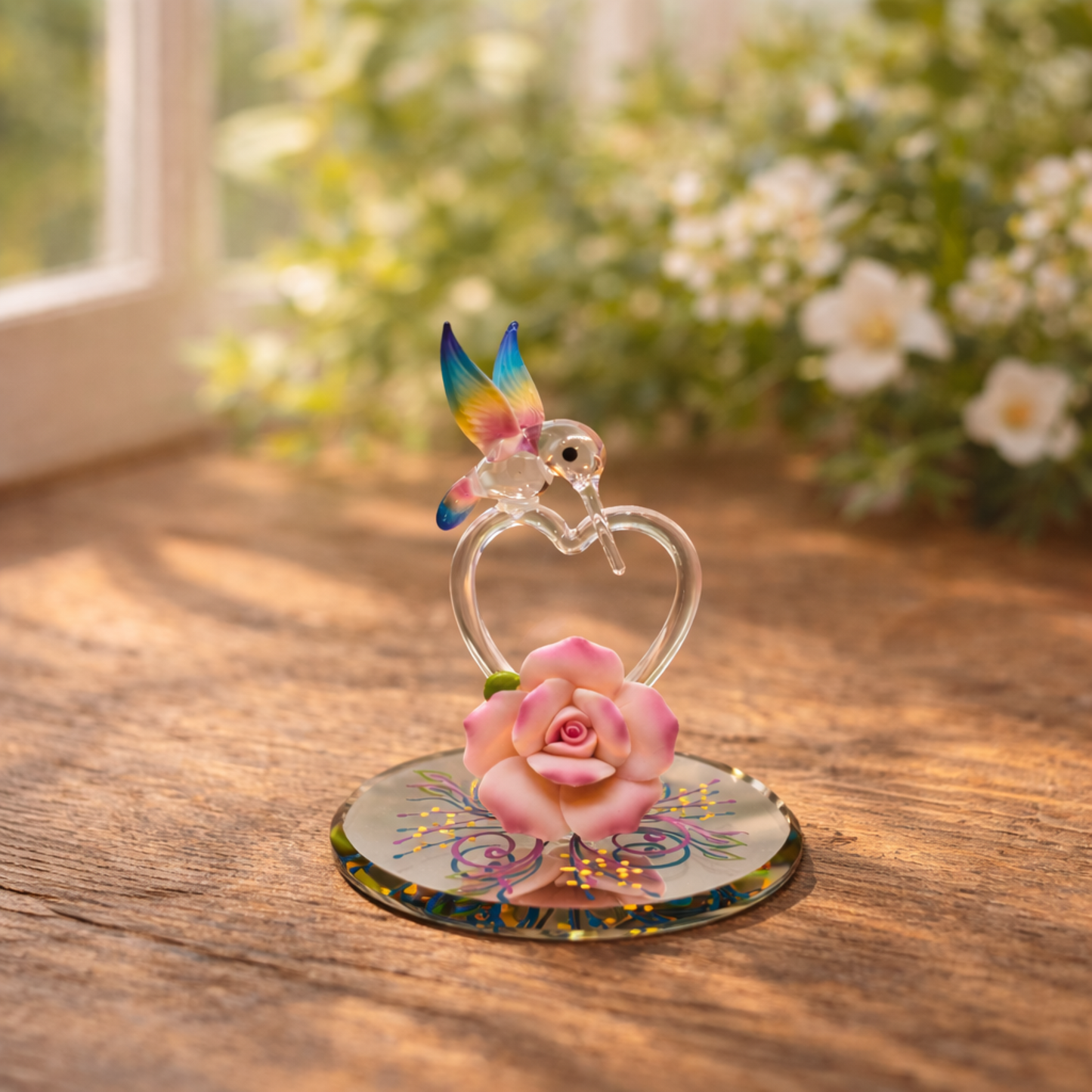 Hummingbird Glass Figurine Gift | Pink Rose Heart | Romantic Bird Decor | Valentine Anniversary Present