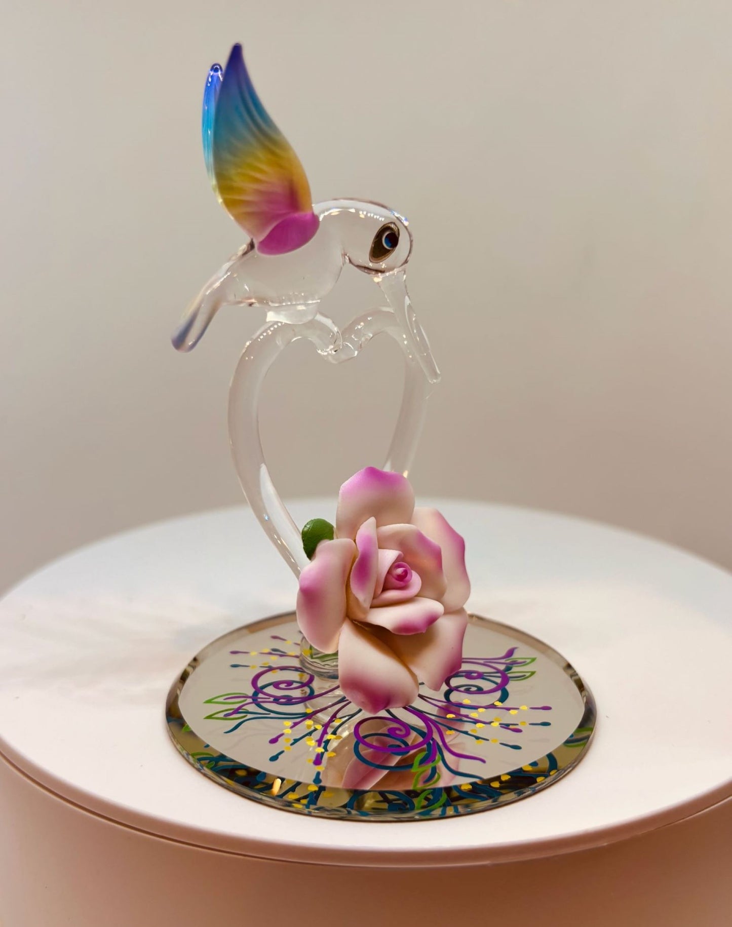 Hummingbird Glass Figurine Gift | Pink Rose Heart | Romantic Bird Decor | Valentine Anniversary Present