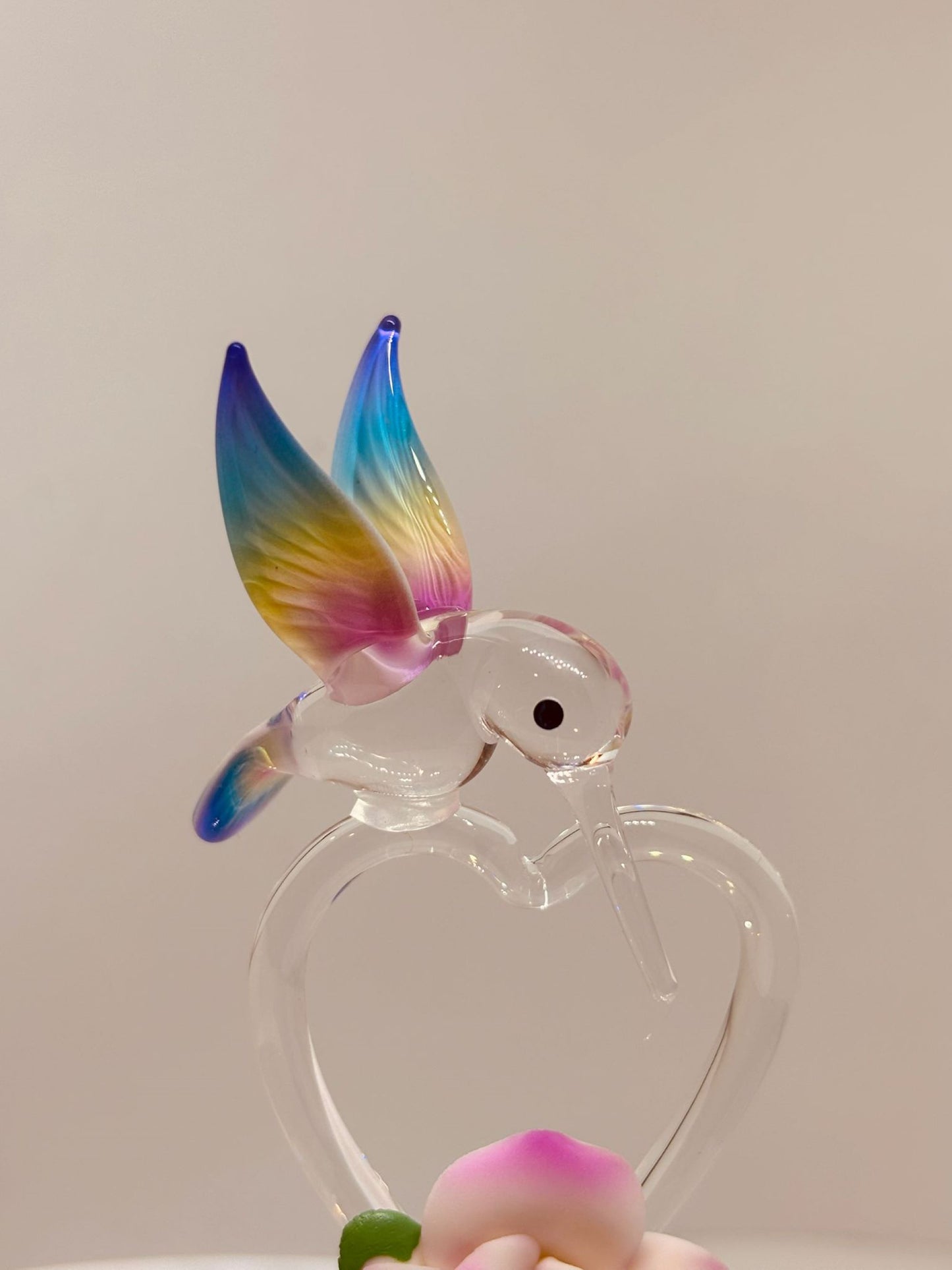 Hummingbird Glass Figurine Gift | Pink Rose Heart | Romantic Bird Decor | Valentine Anniversary Present