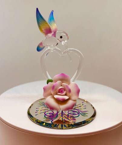 Glass Hummingbird Figurine with Crystal Heart Handcrafted Pink Heart Sculpture Glass Art Collectible Home Decor Accent