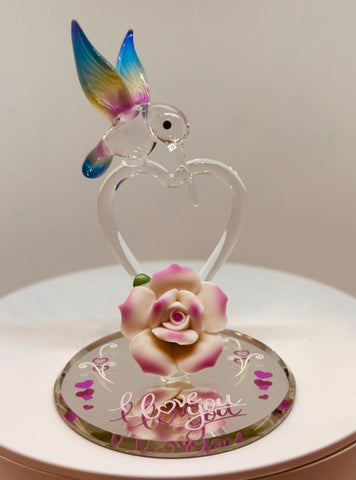 Handcrafted Glass Hummingbird "I Love You" Heart Figurine with Crystals