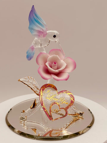 Handcrafted hummingbird figurine with porcelain rose I Love You Mom message