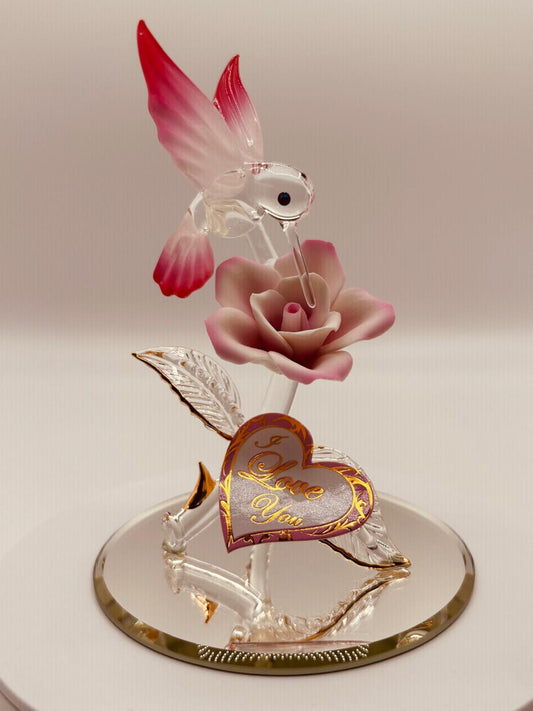Glass hummingbird on pink rose romantic gift figurine