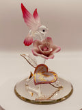 Glass hummingbird on pink rose romantic gift figurine