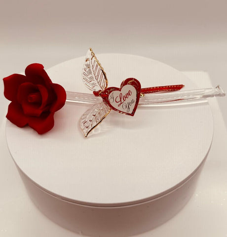Red glass rose figurine with I Love You ribbon message