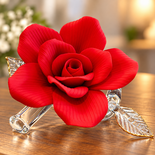 Handcrafted porcelain red rose figurine with layered petals and sculpted leaves