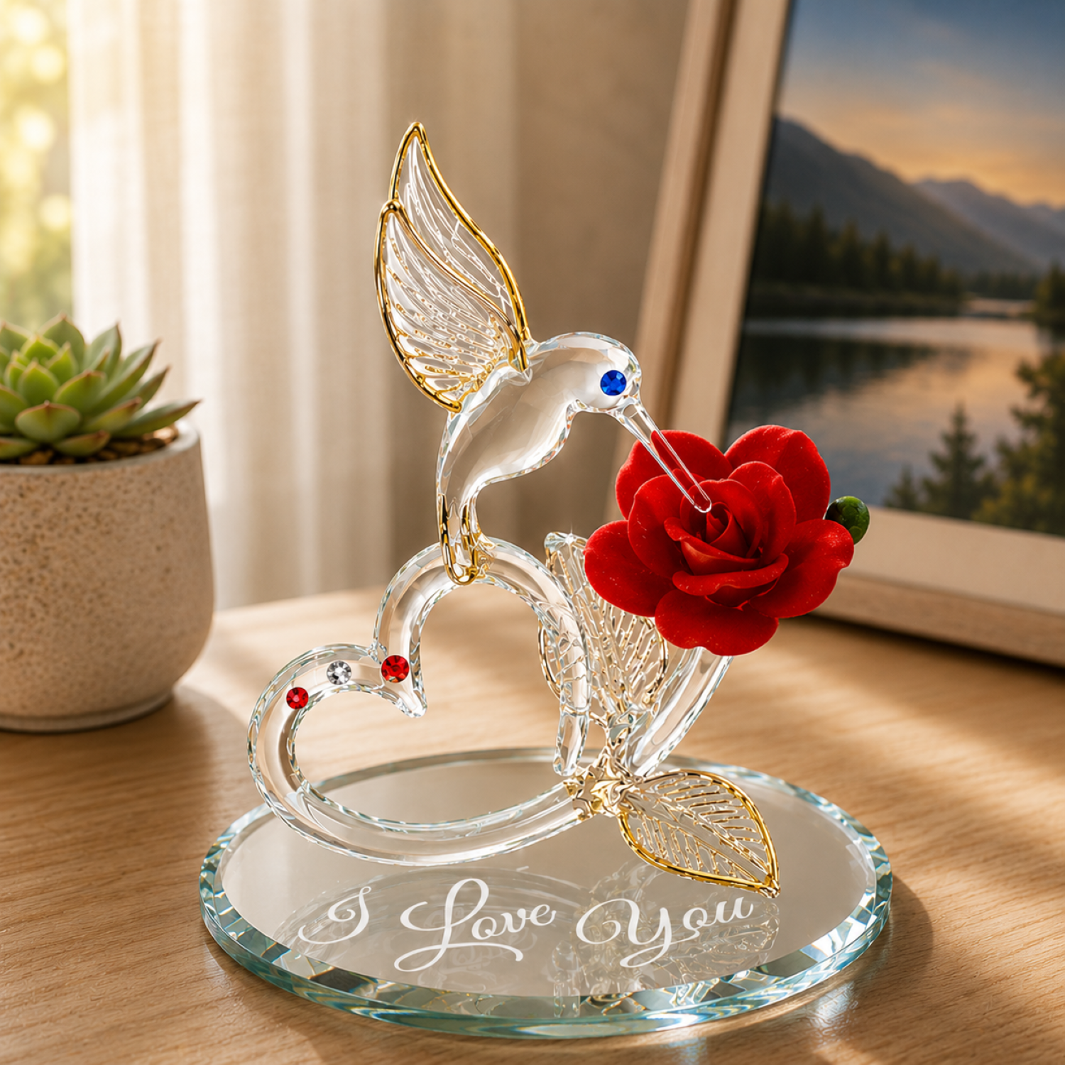 Handcrafted glass hummingbird figurine holding a red rose with heart design and crystal accents on an engraved mirror base