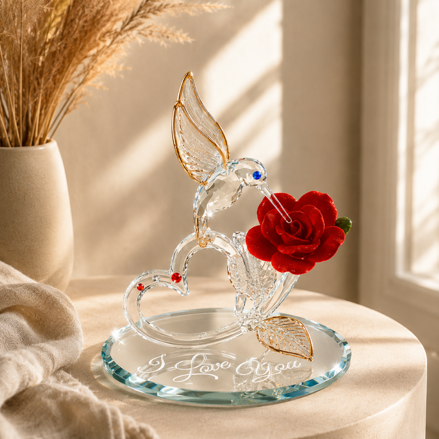 Hummingbird Rose Figurine Gift | Handcrafted Glass Hummingbird Collectible
