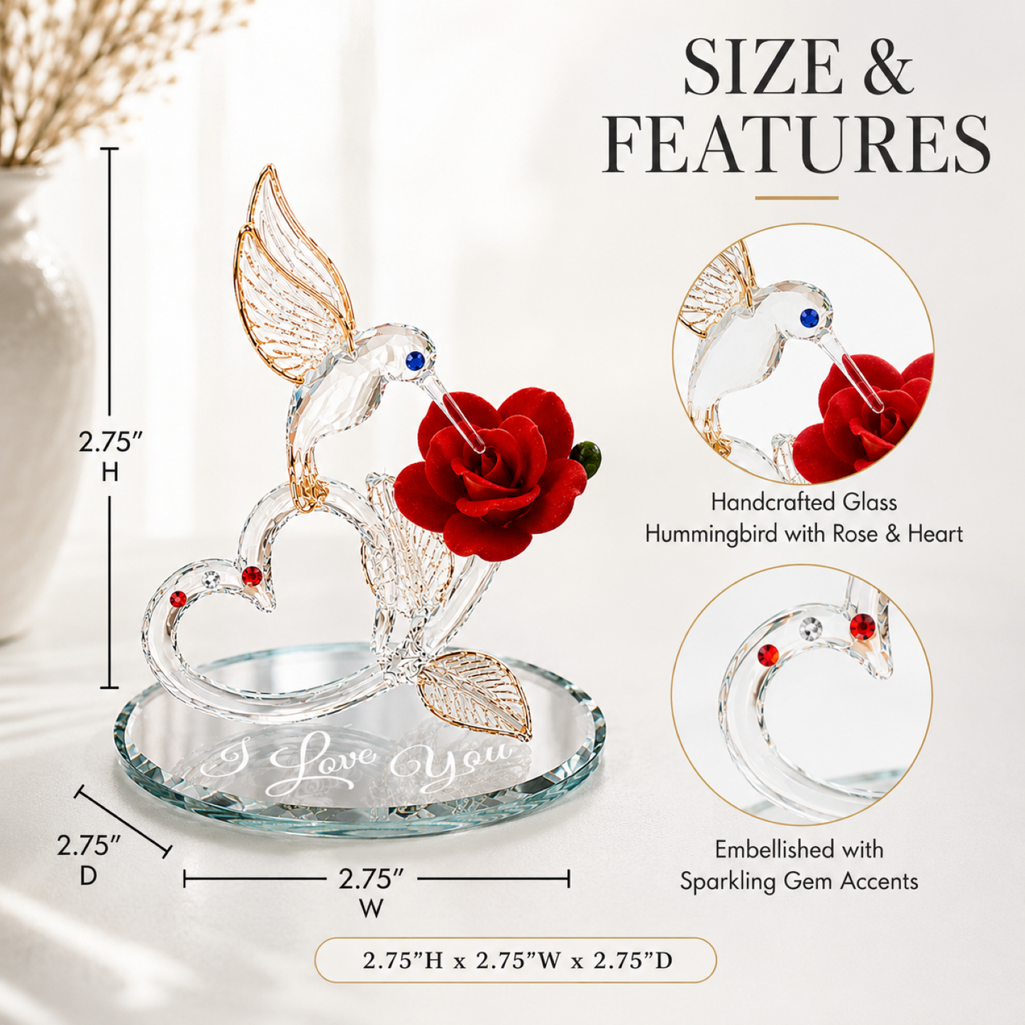 Hummingbird Rose Figurine Gift | Handcrafted Glass Hummingbird Collectible