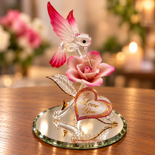 Handcrafted glass hummingbird figurine above a pink rose with “I Love You” message on a beveled glass mirror