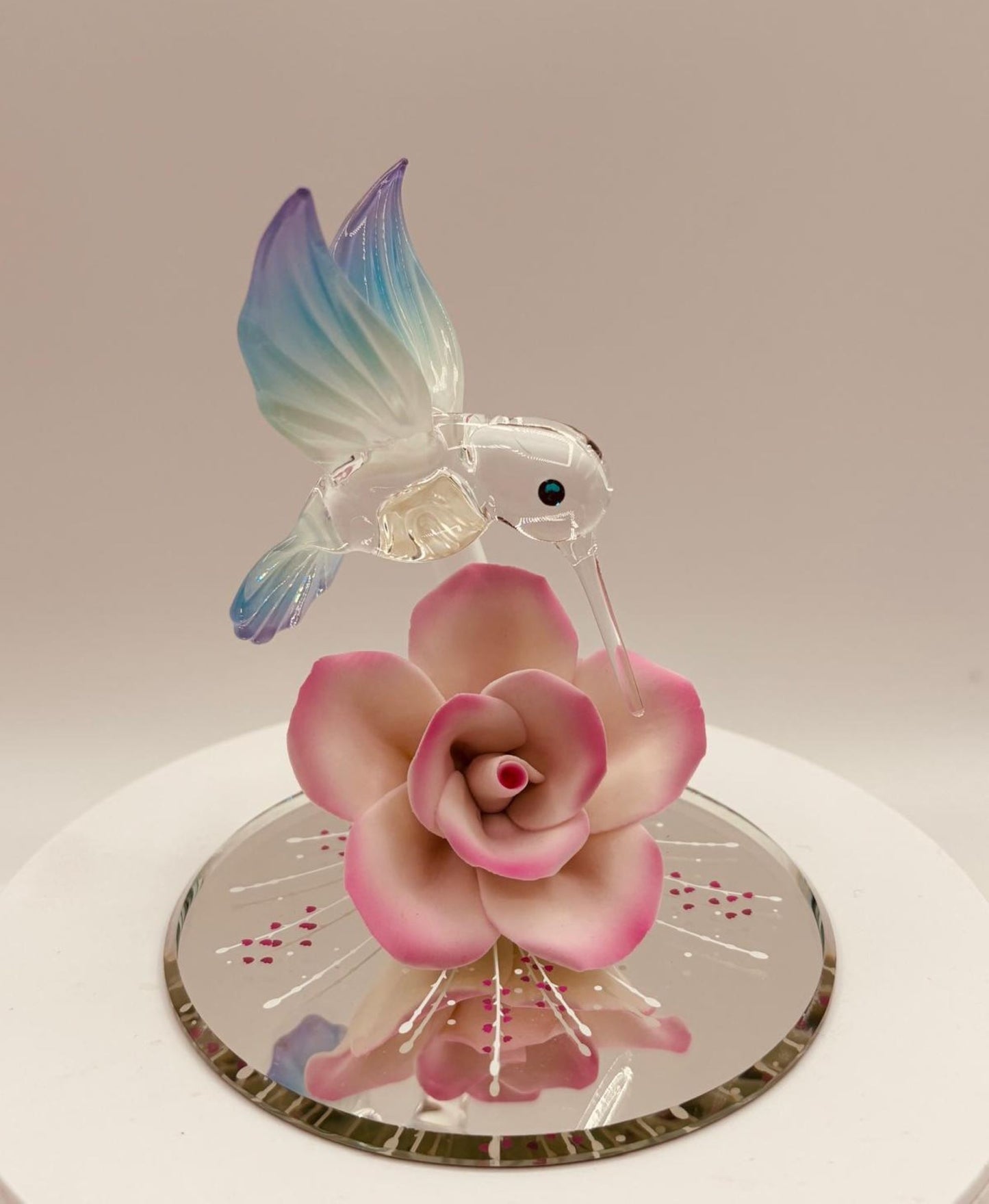 Handcrafted Glass Hummingbird Figurine with Pink Rose | Nature Décor Gift