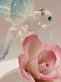 Handcrafted Glass Hummingbird Figurine with Pink Rose | Nature Décor Gift