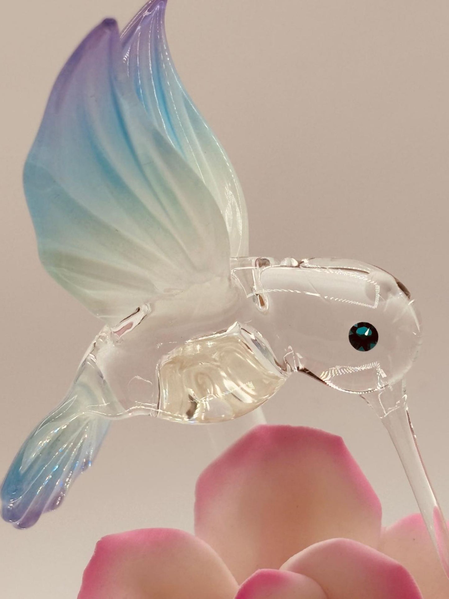 Handcrafted Glass Hummingbird Figurine with Pink Rose | Nature Décor Gift
