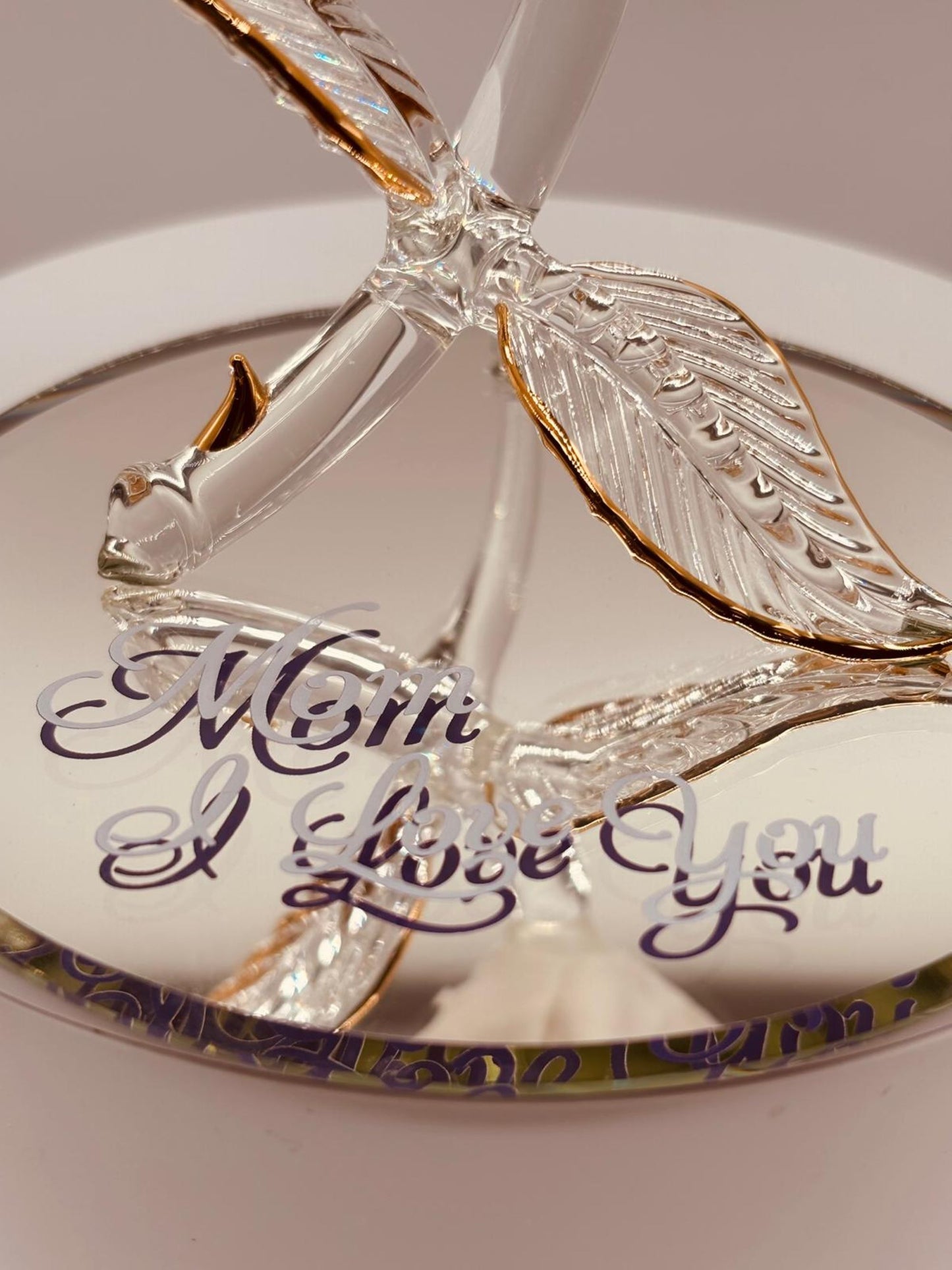 Mom I Love You Butterfly Rose Glass Figurine Mother Gift Floral Home Decor