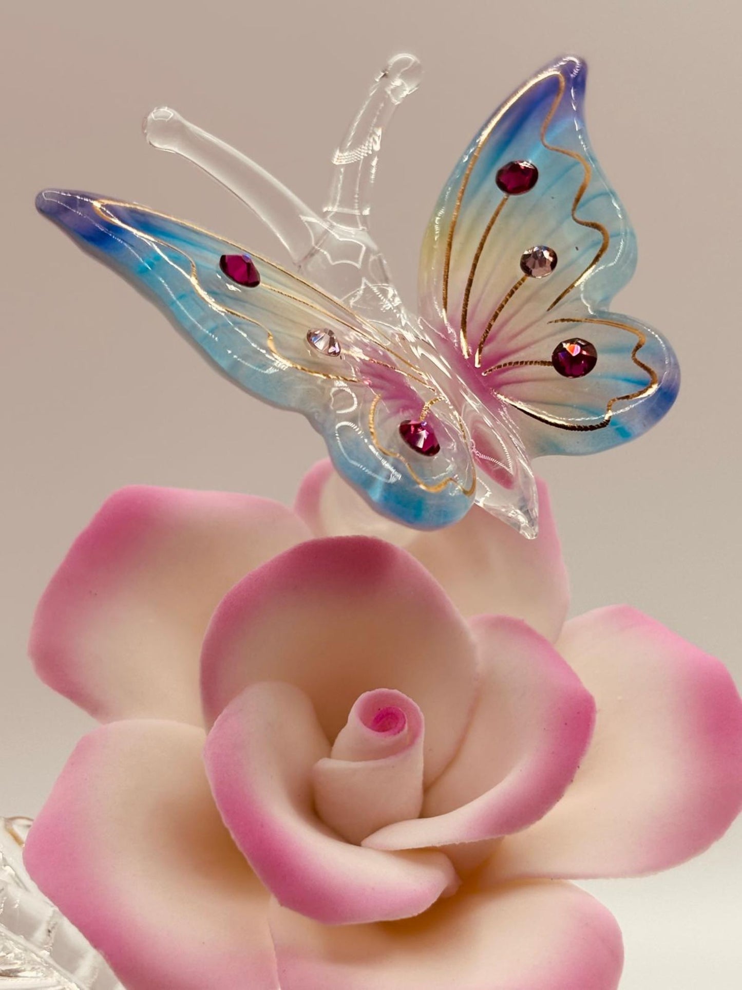Butterfly on Pink Rose Figurine | Glass Nature Décor Collectible Gift