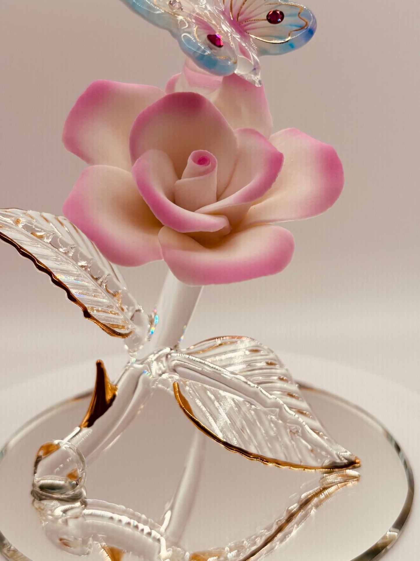 Butterfly on Pink Rose Figurine | Glass Nature Décor Collectible Gift