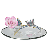 Handcrafted pink rose and butterfly figurine on mirror base