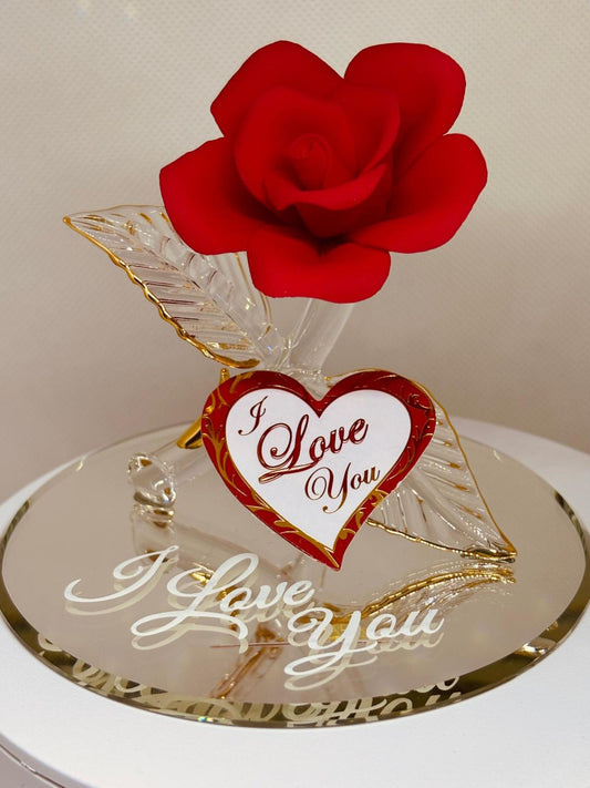 Handcrafted I Love You red rose glass figurine with gold accents and love message