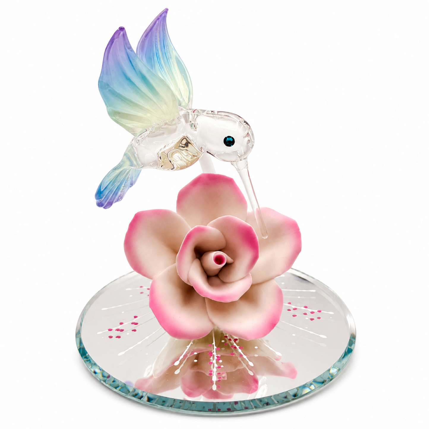 Hummingbird Figurine with Porcelain Rose – Handcrafted Glass Bird Statue, Hummingbird Gift, Bird Lover Gift, Floral Home Decor