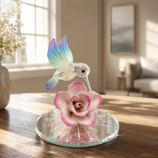 Handcrafted glass hummingbird figurine with rainbow wings perched on a pink porcelain rose with genuine crystal accents on a beveled glass mirror base.