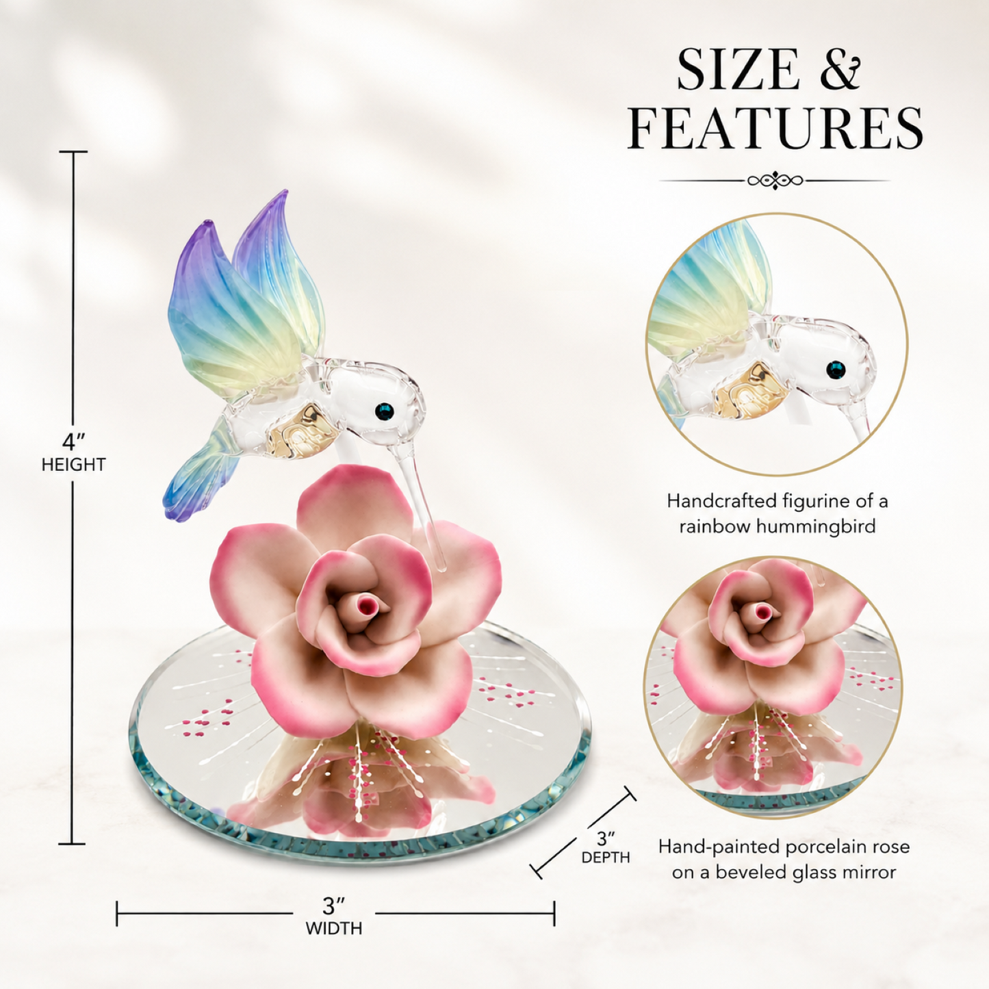 Hummingbird Figurine with Porcelain Rose – Handcrafted Glass Bird Statue, Hummingbird Gift, Bird Lover Gift, Floral Home Decor