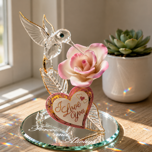 Handcrafted glass hummingbird and pink rose figurine with an I Love You heart on a beveled mirror base accented with Genuine Crystals and Real 22Kt Gold.