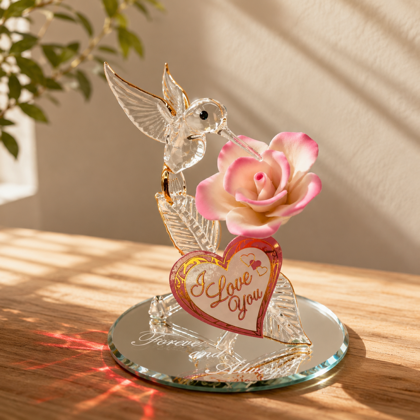 Handcrafted Glass Hummingbird & Rose Figurine – Romantic Gift, Anniversary Gift, Love Decor