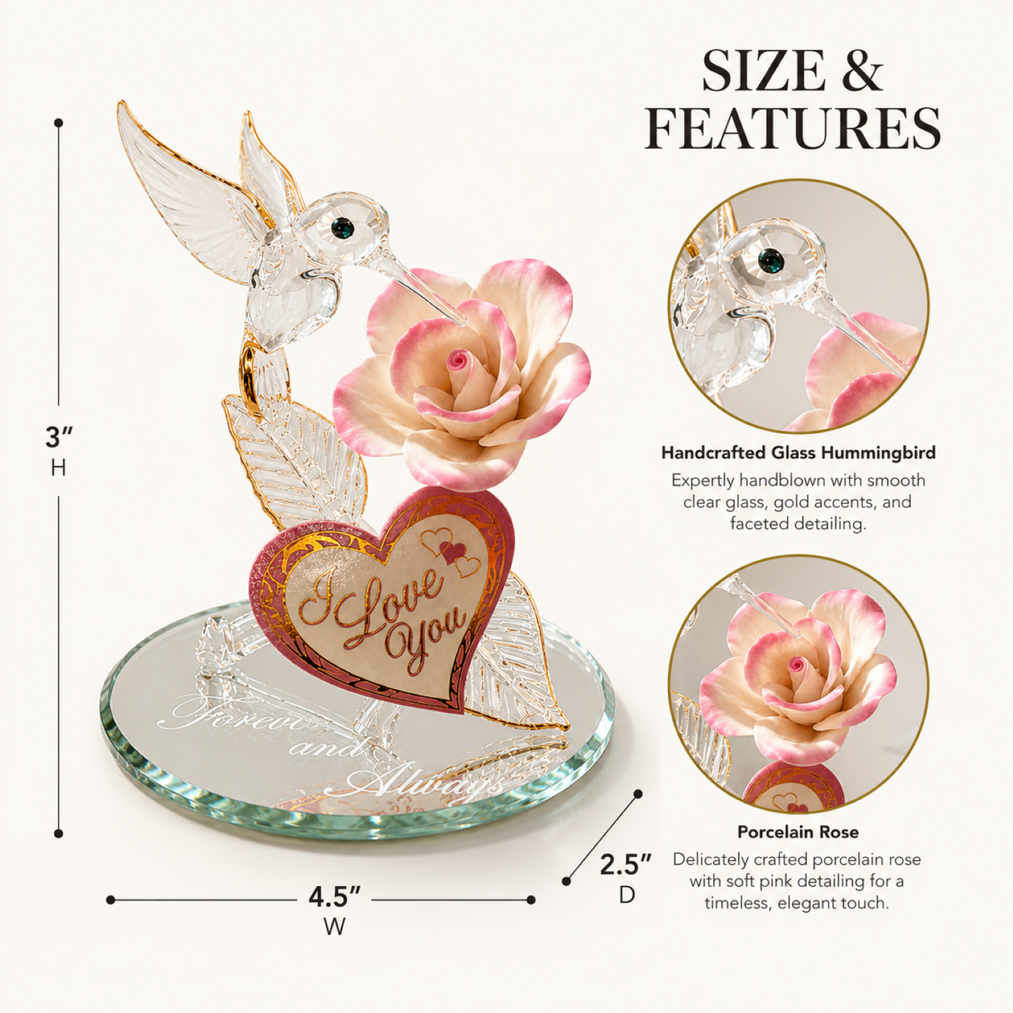 Handcrafted Glass Hummingbird & Rose Figurine – Romantic Gift, Anniversary Gift, Love Decor