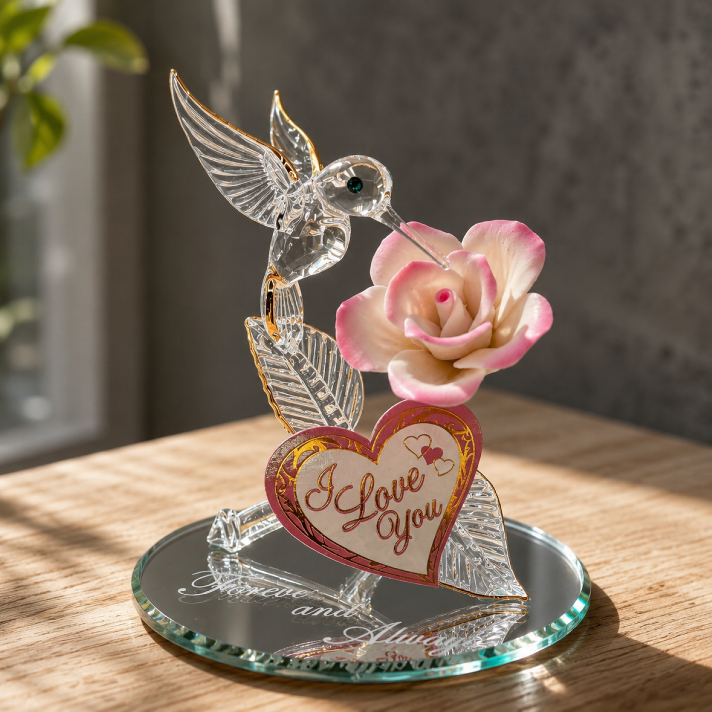 Handcrafted Glass Hummingbird & Rose Figurine – Romantic Gift, Anniversary Gift, Love Decor