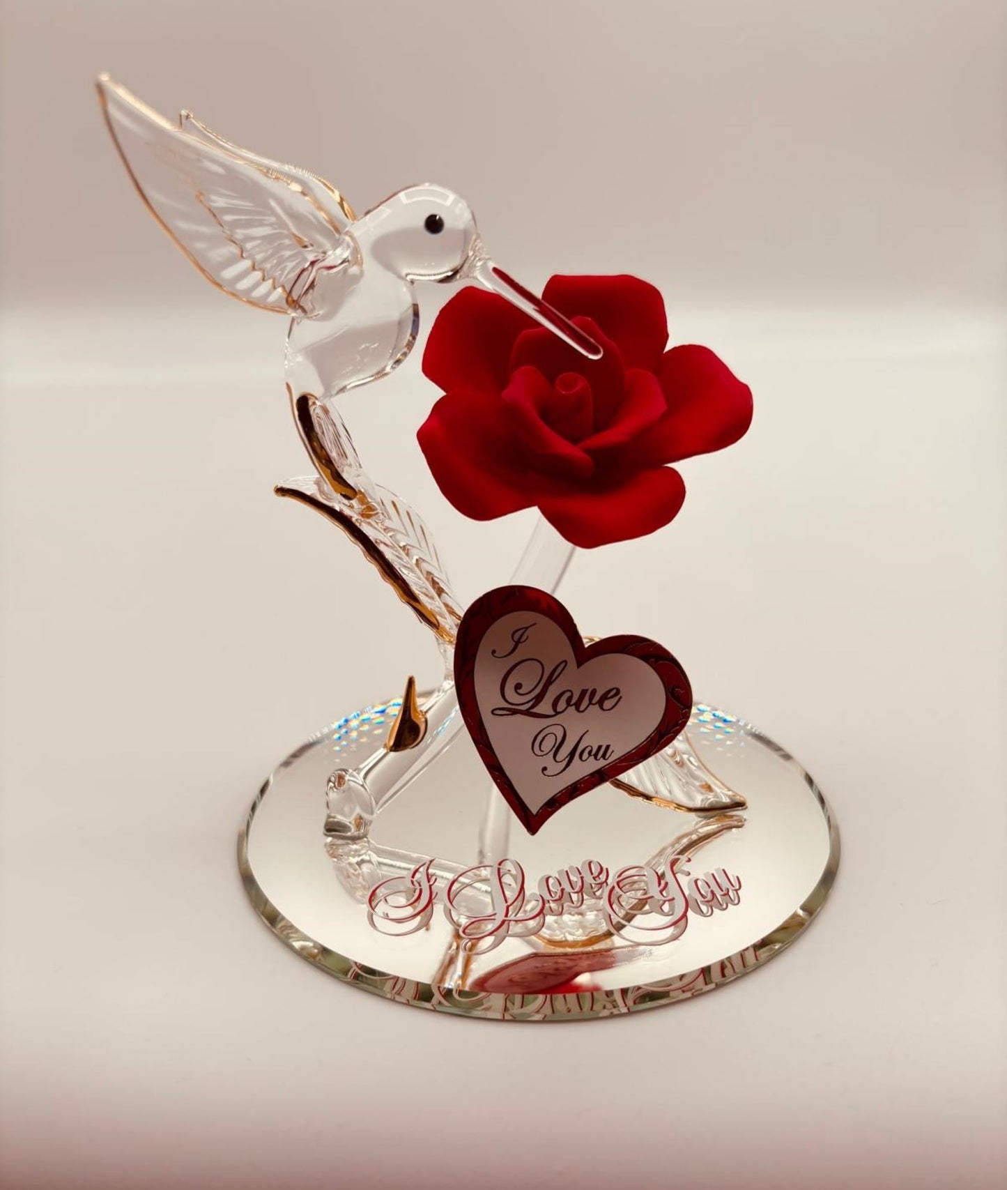 Red Rose and Hummingbird Figurine | Handcrafted Glass Romantic Floral Collectible Decor