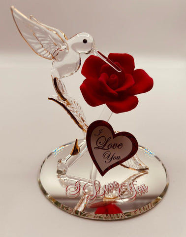 Red Rose and Hummingbird Figurine | Handcrafted Glass Romantic Floral Collectible Decor