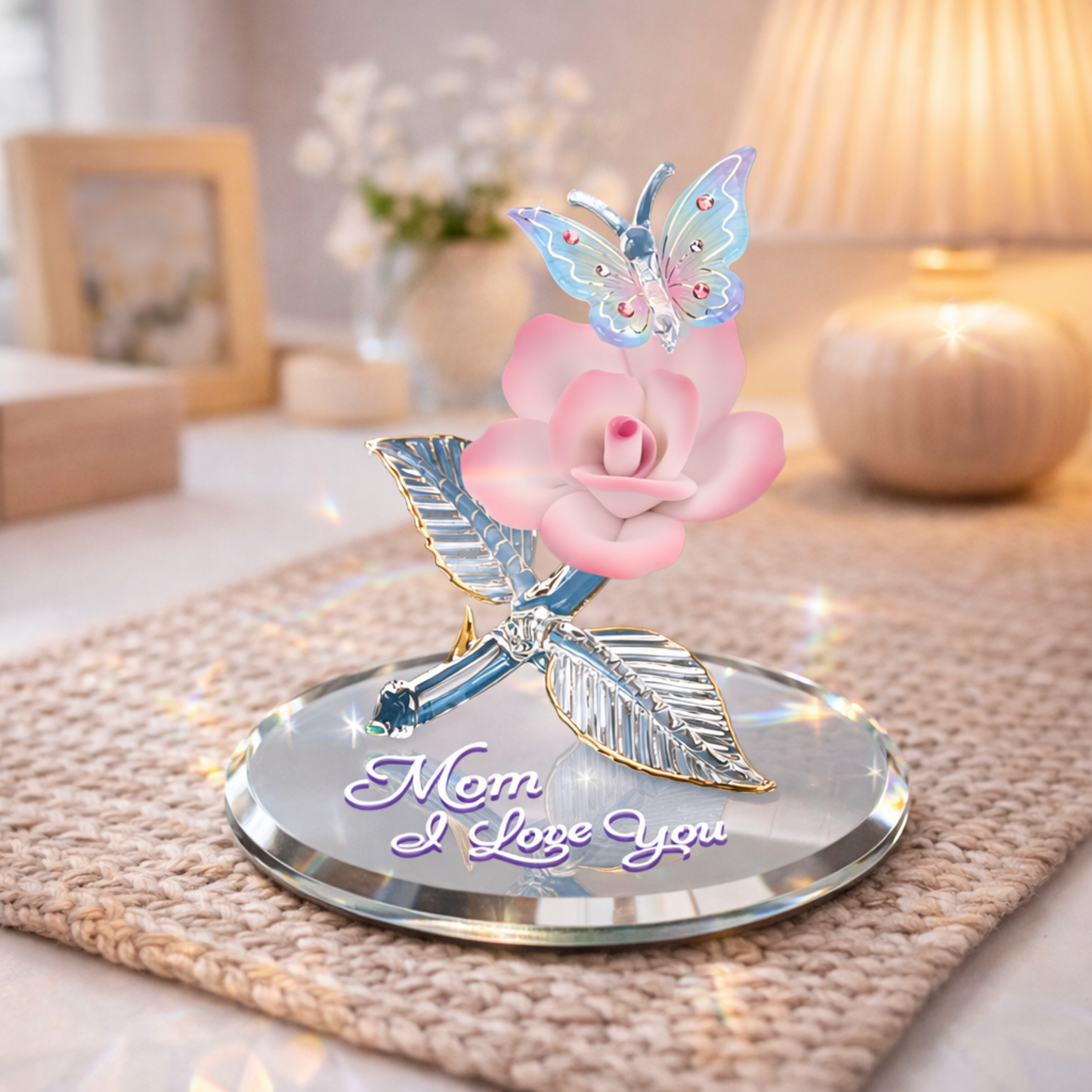Mom I Love You Butterfly Rose Glass Figurine Mother Gift Floral Home Decor