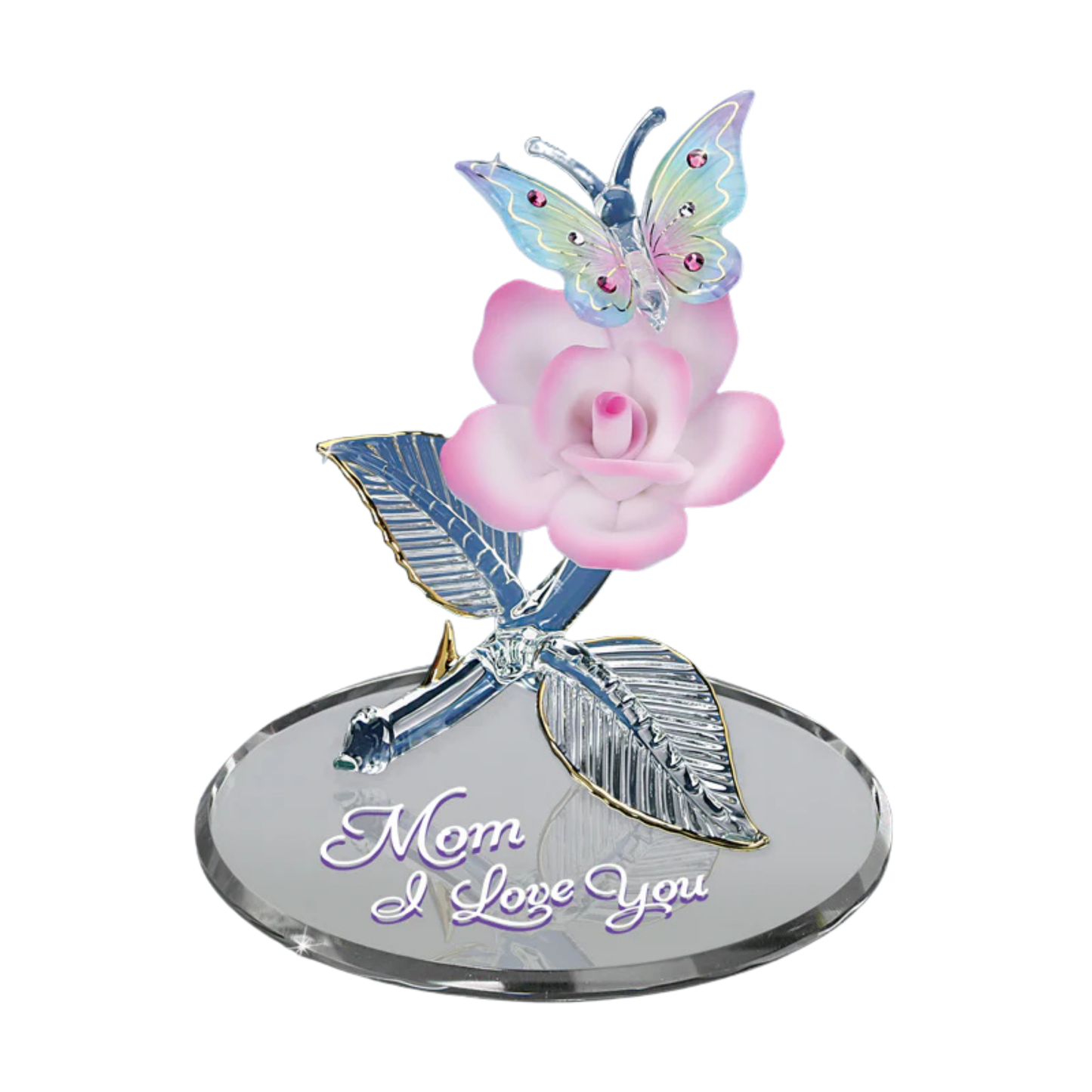 Mom I Love You Butterfly Rose Glass Figurine Mother Gift Floral Home Decor