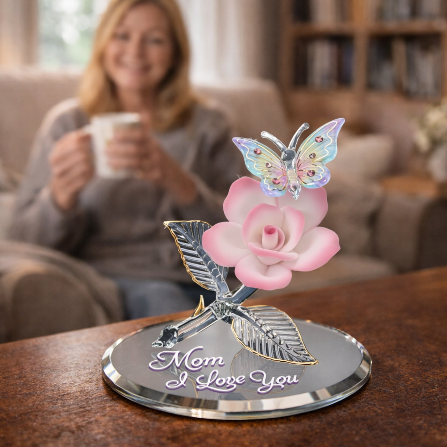 Mom I Love You Butterfly Rose Glass Figurine Mother Gift Floral Home Decor