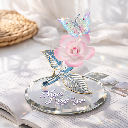butterfly rose glass figurine mom i love you message floral decor gift for mother mirrored base