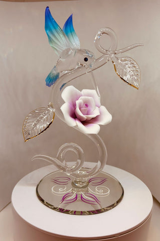 Hummingbird with Rose Vine Glass Figurine Handcrafted Crystal Bird Sculpture