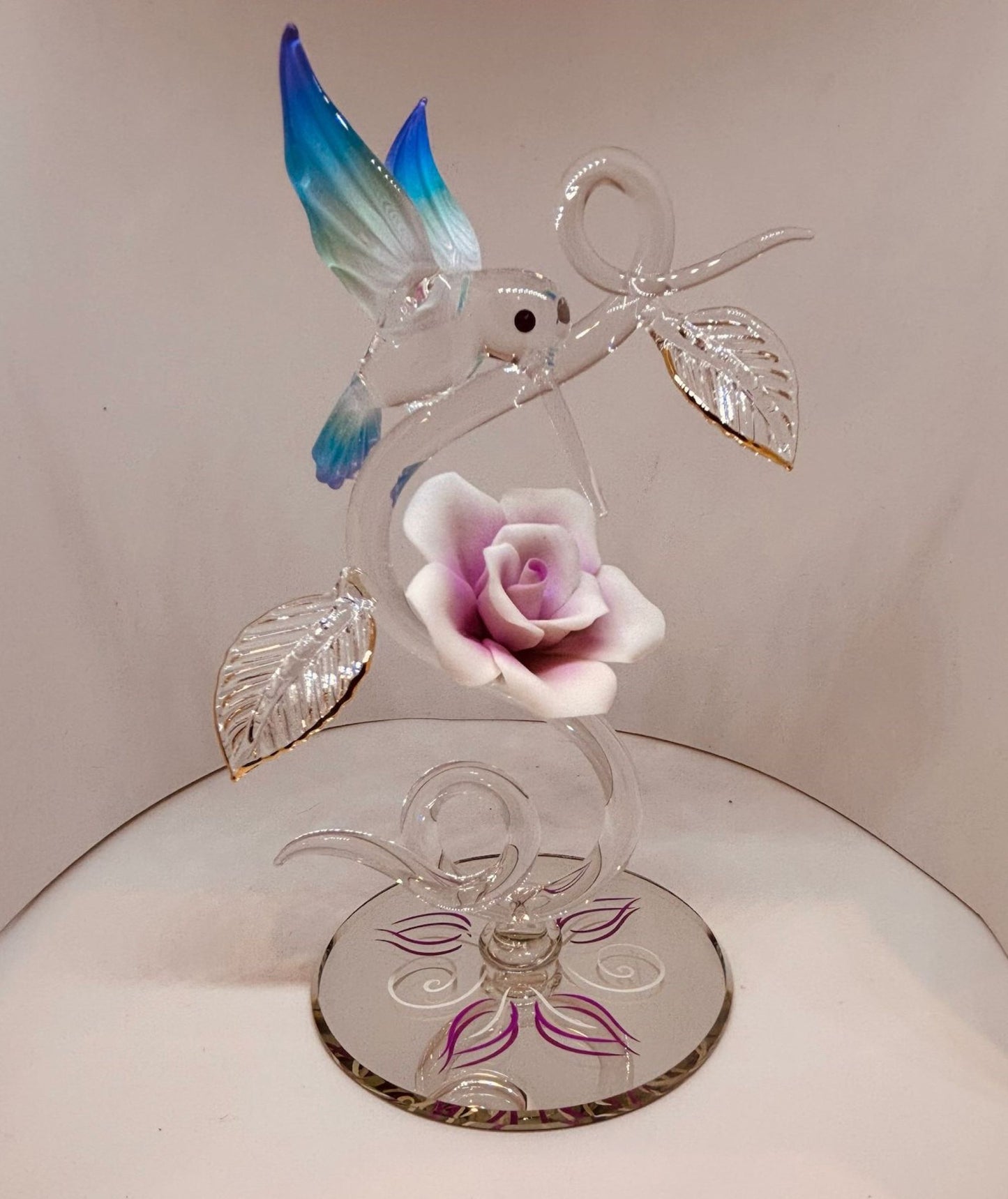 Hummingbird with Rose Vine Glass Figurine Handcrafted Hummingbird Rose Glass Decor