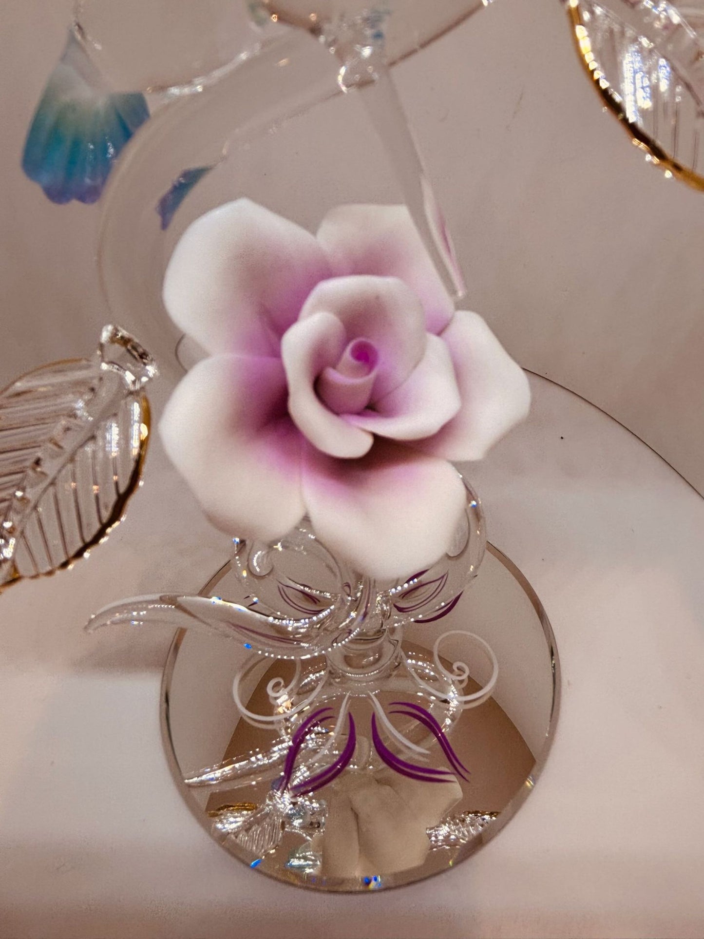 Hummingbird with Rose Vine Glass Figurine Handcrafted Hummingbird Rose Glass Decor